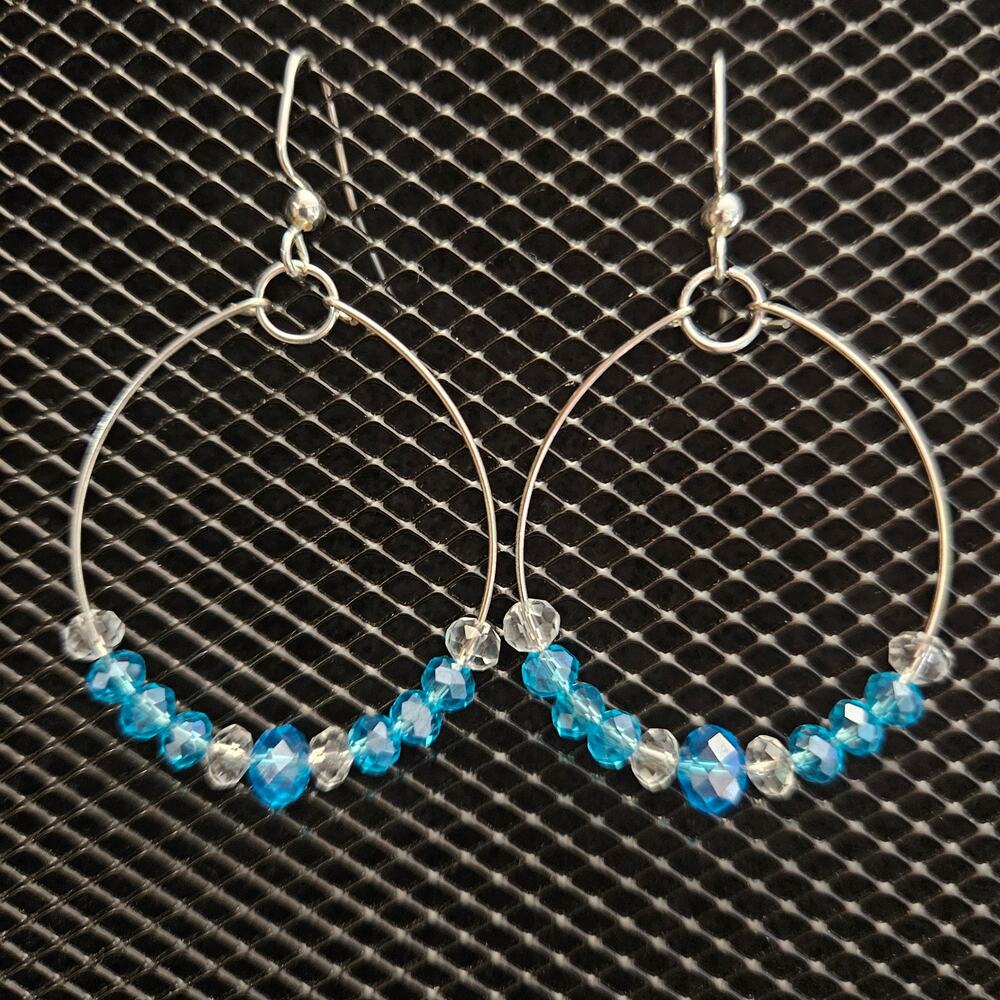 Aqua and clear glass crystal rondelle teardrop hoop earrings
